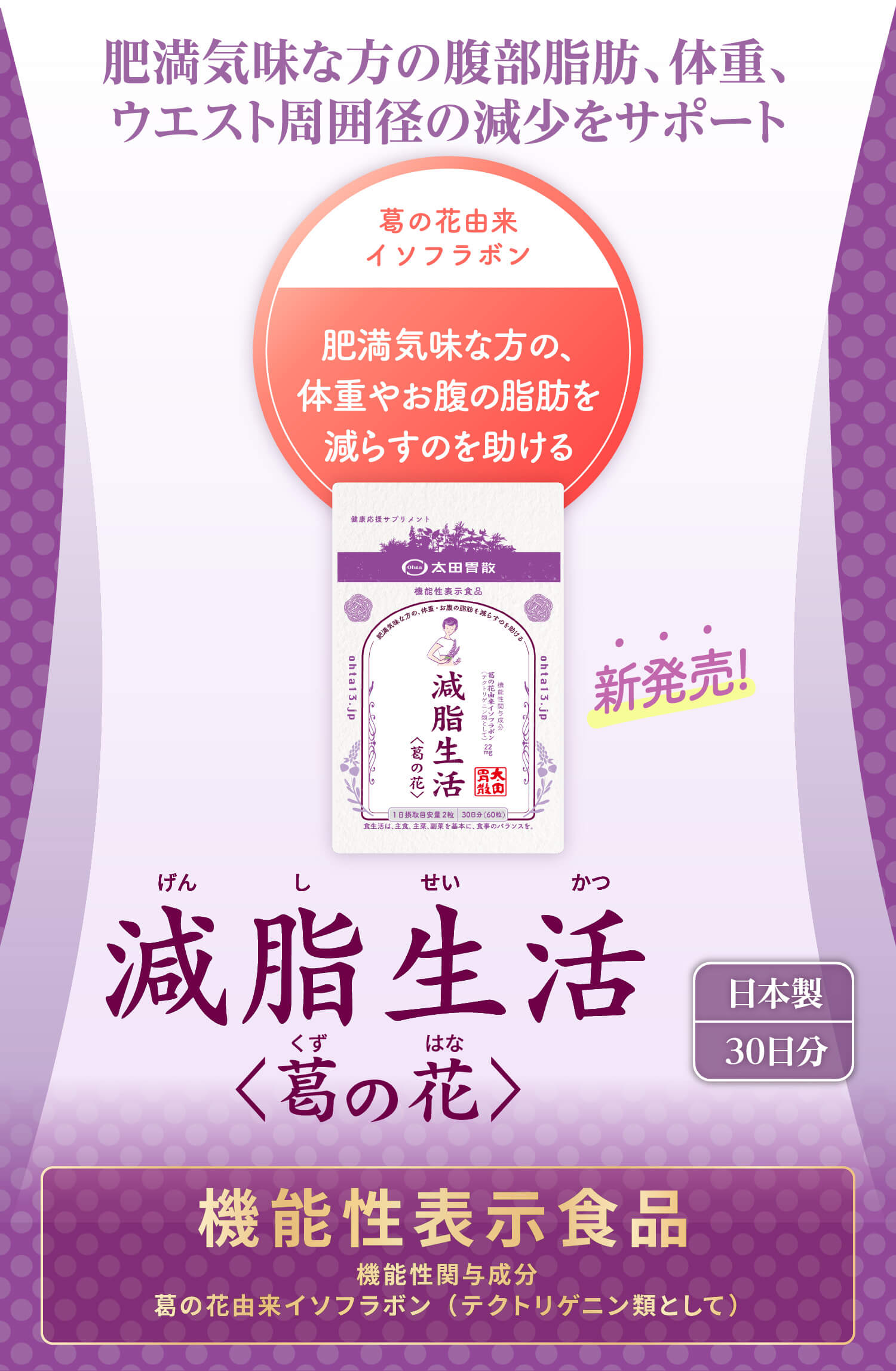 肥満気味な方の腹部脂肪、体重、ウエスト周囲径の減少をサポート 葛の花由来イソフラボン 肥満気味な方の、体重やお腹の脂肪を減らすのを助ける 新発売! 減脂生活(げんしせいかつ)葛の花(くずのはな) 日本製 30日分 機能性表示食品 機能性関与成分葛の花由来イソフラボン（テクトリゲニン類として）
