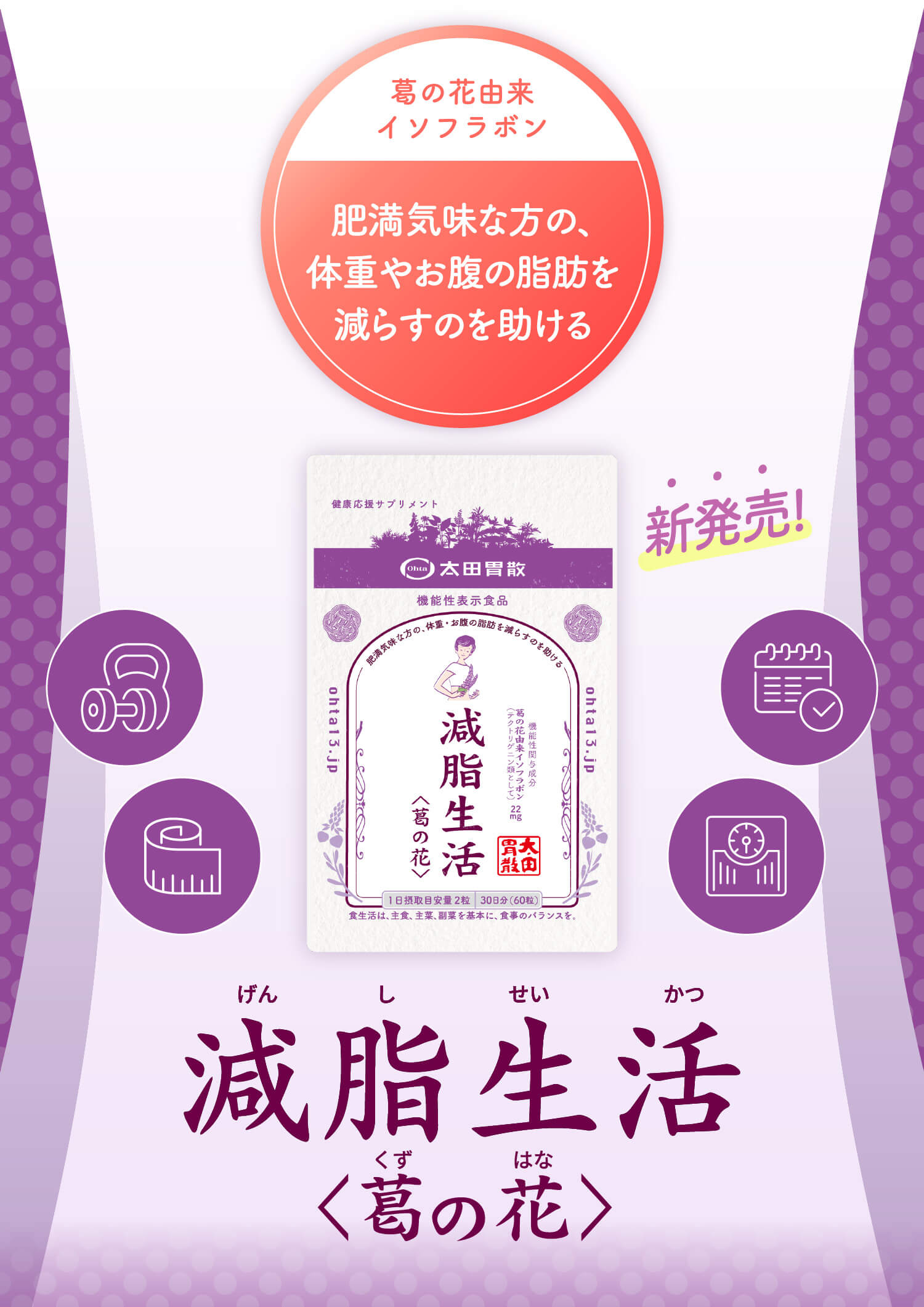  葛の花由来イソフラボン 肥満気味な方の、体重やお腹の脂肪を減らすのを助ける 新発売! 減脂生活(げんしせいかつ)葛の花(くずのはな) 